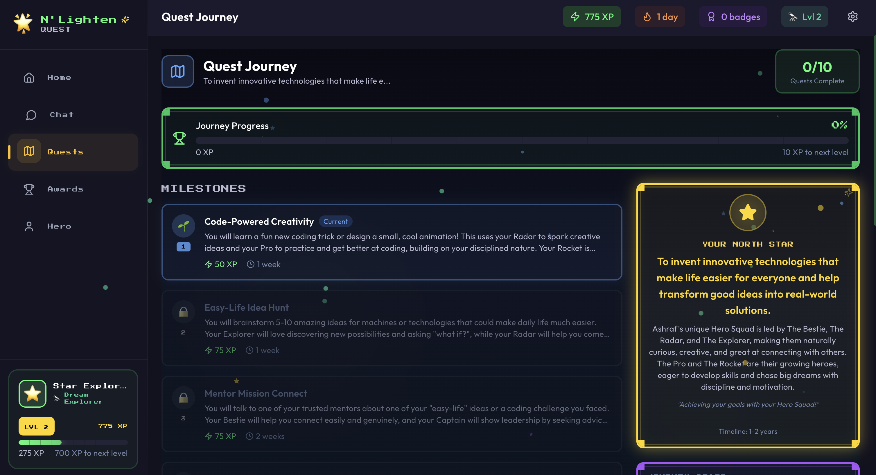 Quests page and milestone view